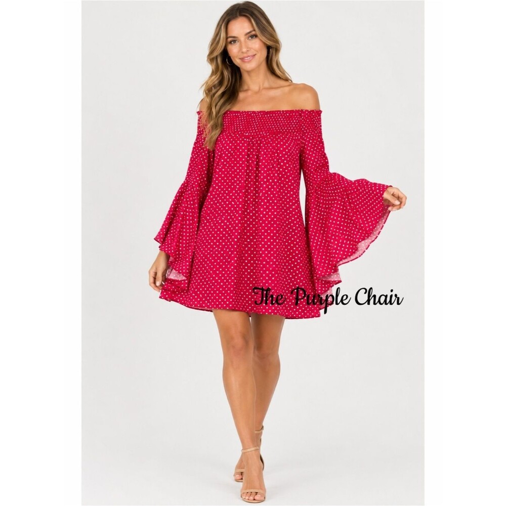 NEW YORK & COMPANY NWT Red/White Polka Dot Bell Sleeve Off The Shoulder Dress S